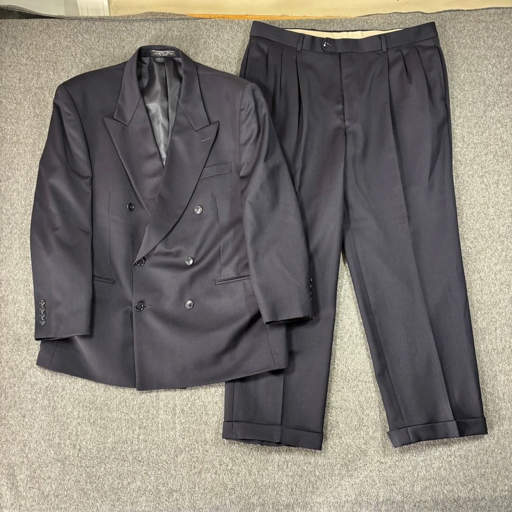 Albert Nipon Lord & Taylor Navy Blue Double Breasted Wool Suit 44R 40X30 Pleated